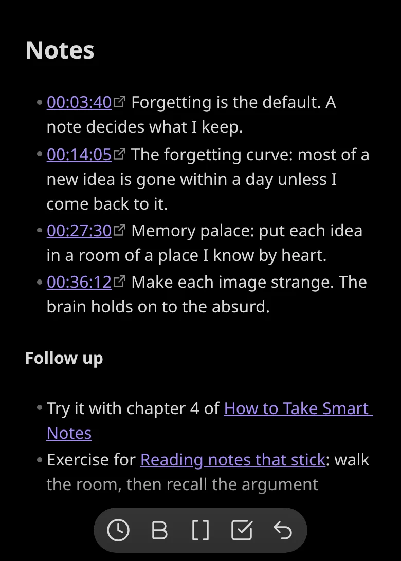 A note on a phone with four captured timestamp links and the editor toolbar, whose first button is the clock that captures a timestamp